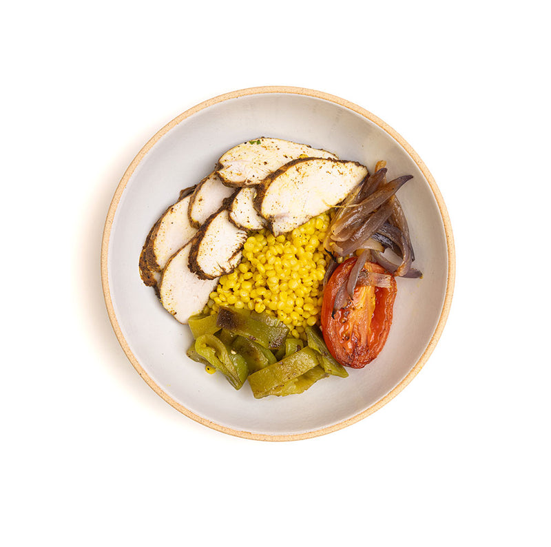 Spiced Chicken Shawarma with Couscous & Charred Anaheim Peppers